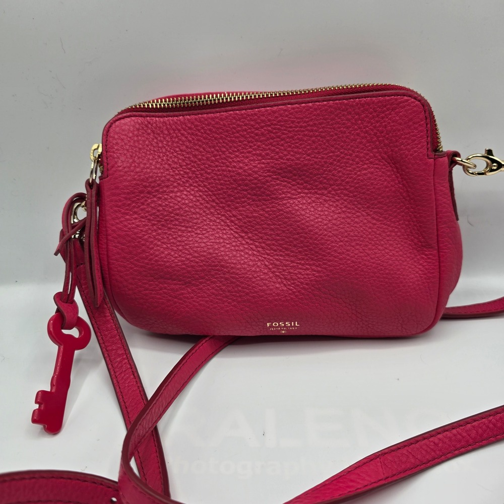 Fossil Fuchsia Pink Pebbled Leather Double Zip Crossbody Bag with Key Charm
